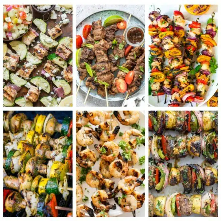 BBQ skewers with meat, vegetables and shrimp