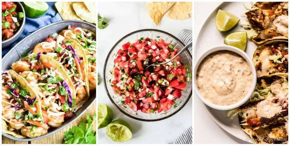 Fish tacos, salsa, sauce
